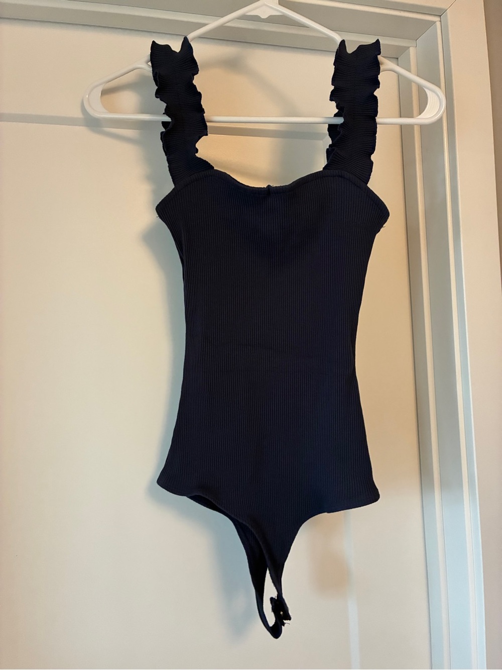 Ruffled Strap Ribbed Bodysuit in Navy